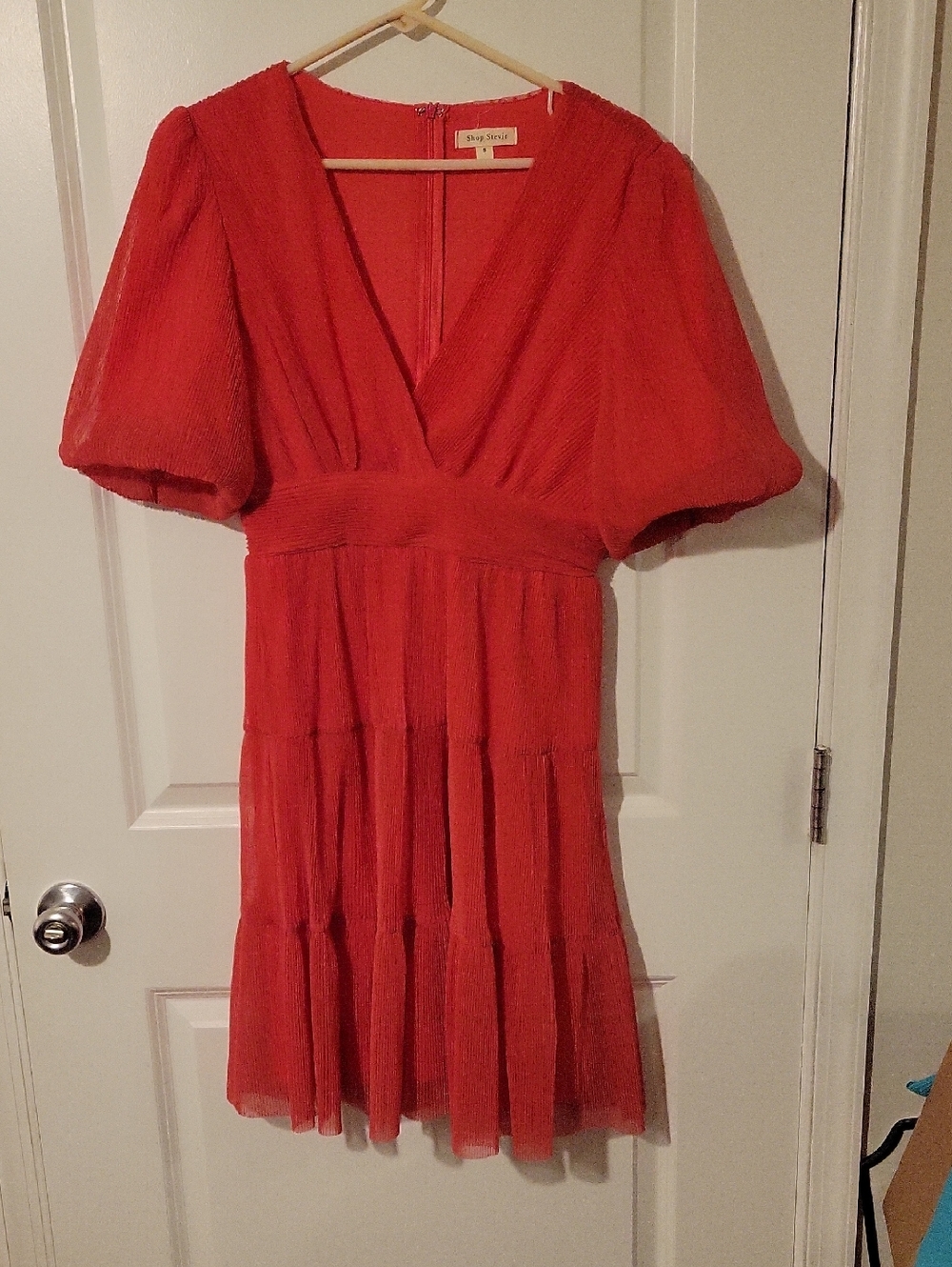 Shop Stevie Red Puff-Sleeve V-Neck Tiered Mini Dress Coral,size S